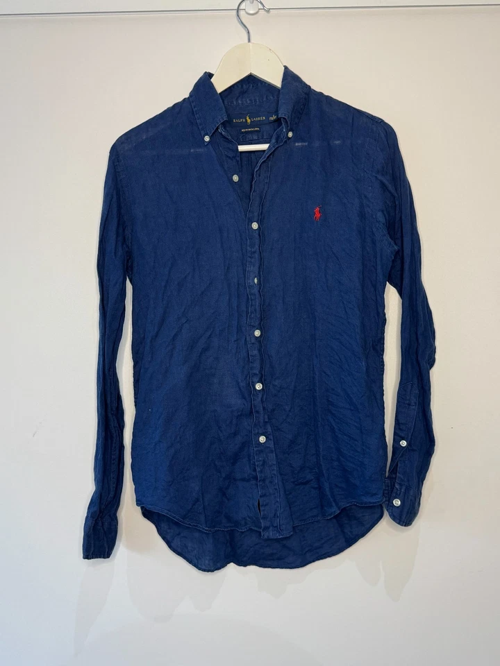 Рубашка мужская Ralph Lauren Ocean Wash льняная на пуговицах маленькая темно-синяя с длинным рукавом - Изображение 2 из 4