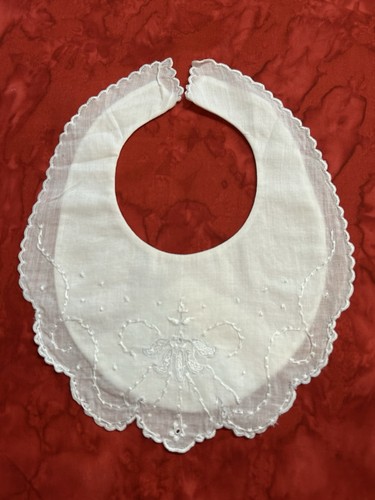 Vintage Baby Bib Embroidered Cotton White Scalloped Floral