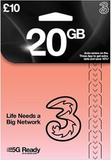 Three Sim With £10 Credit Giving 40GB Data + Unlimited Mins/Text For 30 Days