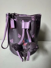 Floral COACH Mini Drawstring Bucket Bag Designer Wristlet Handbag Purple Floral