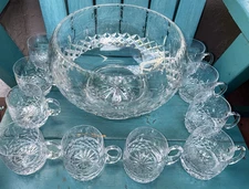 RARE ROGASKA CRYSTAL GALLIA 11-PC PUNCH BOWL 10 BARREL MUGS cups ETCHED FLOWERS