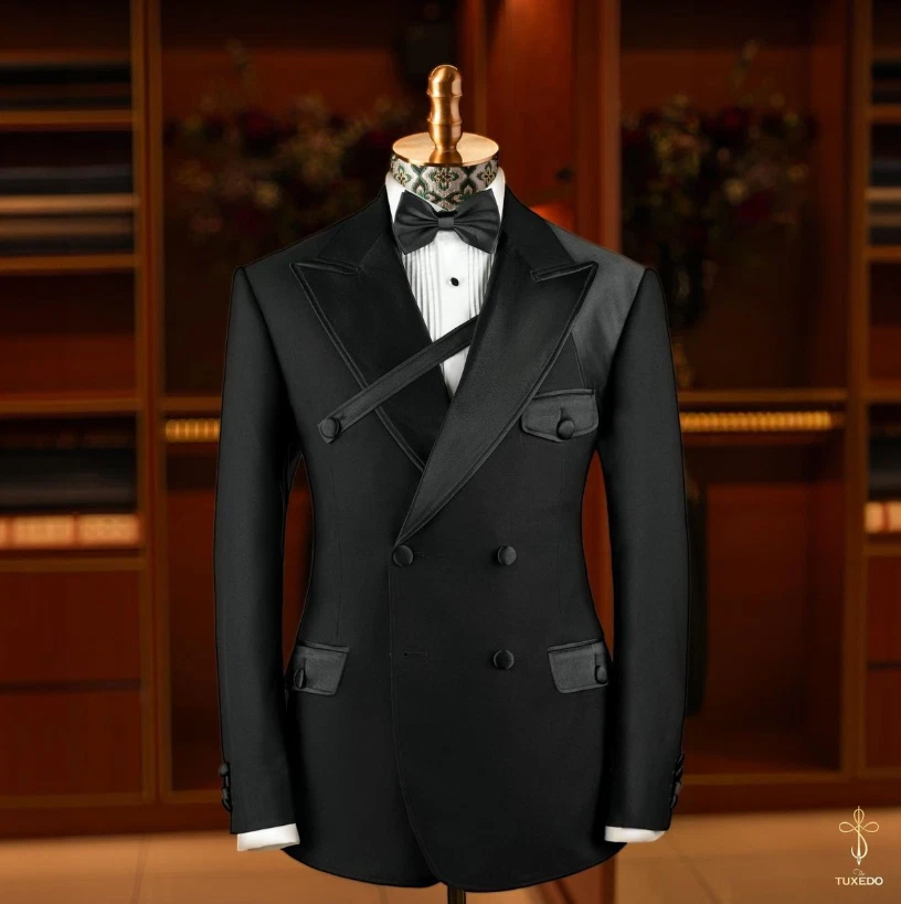 Traje negro para hombre solapa pico doble pecho formal negocios boda novio esmoquin Foto 3 de 4