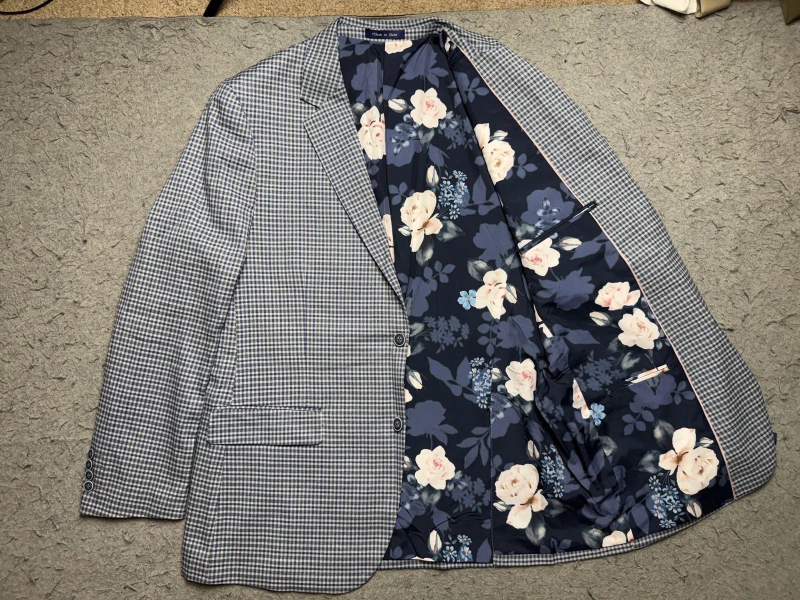 Alan Flusser Sport Coat Mens 42R Blue Check Stretch Blazer Jacket Floral Lining