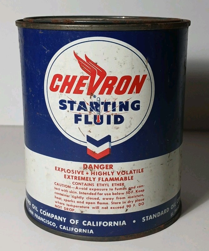 1950s METAL TIN LITHO VINTAGE CHEVRON AVIATION OIL CAN STARTING FLUID TIN CAN US