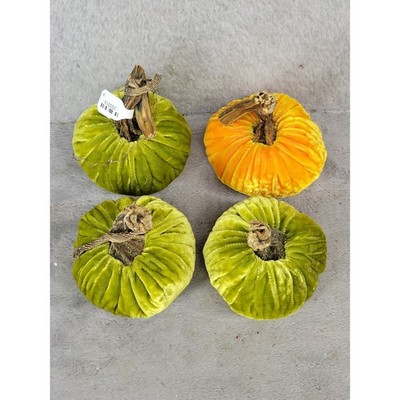 Set of 4 Small Velvet Decorative Pumpkins Green Orange Fall Autumn Decor Stems
