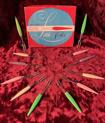 12 Little Forks High Class Pastellfarbe Cocktailgabeln OVP Midcentury 50er/60er