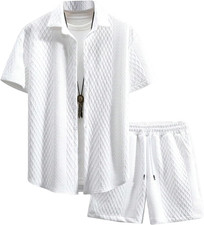 Men'S 2 Piece Outfits Waffle Knit Button down Shirt Top and Shorts Set