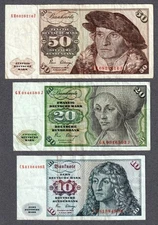 Germany, Lot of 3 notes, 10/20/50 Duetsche Marks, 1980, P-31d/32d/33d, VF-VF+
