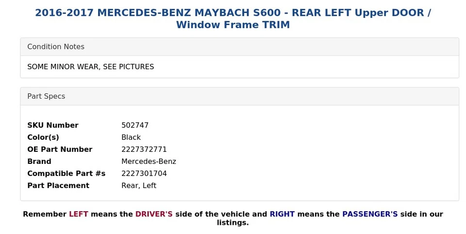 Mercedes-Benz Maybach S600 2016-2017 - puerta superior trasera izquierda/marco de ventana moldura Foto 4 de 4