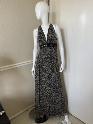 LAUNDRY by SHELLI SEGAL NEW! Black IKAT Print 100% Silk Beaded Maxi Dress Sz 4