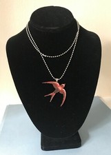 Laser Cut Wood Red Pink Swallow Bird Artisan Handcrafted Pendant Necklace Chain