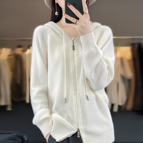Women's Hooded Cardigan Loose Cashmere Sweater Women's Wool Coat Korean Knitwear - Picture 10 of 30