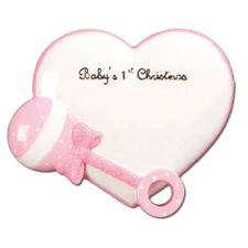 Pink Baby Girl Rattle Heart  Personalized Christmas Tree Ornament