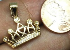 GOLD 14k Crown heart Pendant Tiara cz charm necklace queen princess gift .85"
