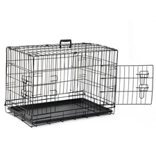 30" Durable Double Doors Dog Crates Folding Metal Dog Crate Black Pet Dog Cage