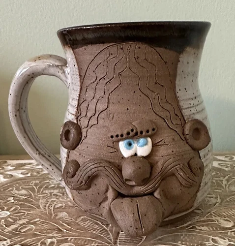 Funny 3D Ugly Face Mug Stoneware Pottery Art Cup Mustache Tongue Out Blue Eyes