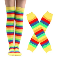 Cool Women Arm Warmer Fingerless Gloves Set Rainbow Colorful Striped Long Socks