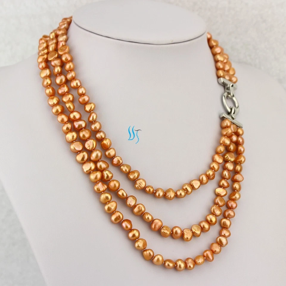 18-21英寸7-8毫米橙色3Row巴洛克淡水珍珠项链 — 第 2/4 张图片