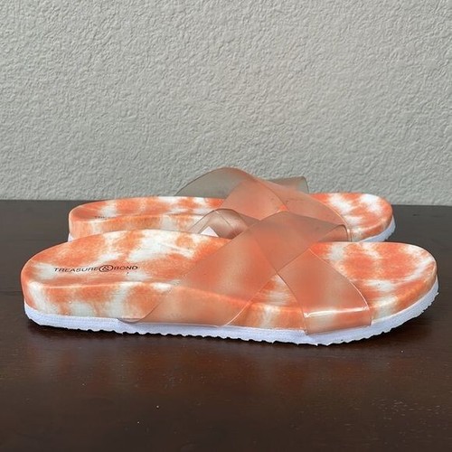Treasure & Bond Girls Ellie Clear Cross Toe Tie Dye Orange Slide Sandals Sz 5 - Picture 7 of 10