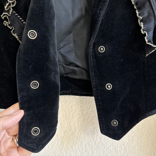 Vtg RoccoBarocco Women's 40 Ruffled Bolero Long Sleeve Black Gold Velvet Jacket - Picture 4 of 13