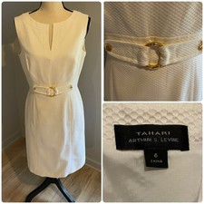 Tahari ASL Clarissa Sheath Dress Size 6 Textured Ivory Gold Tone Embellishment