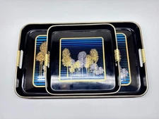 Vintage 80s Srednick Serving Trays Qty 2 - Gold Trees Black Blue Made In Japan