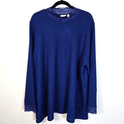 LOGO Lori Goldstein Metallic Waffle Knit Mock Neck 3X Blue Lace Boho Chic Spring