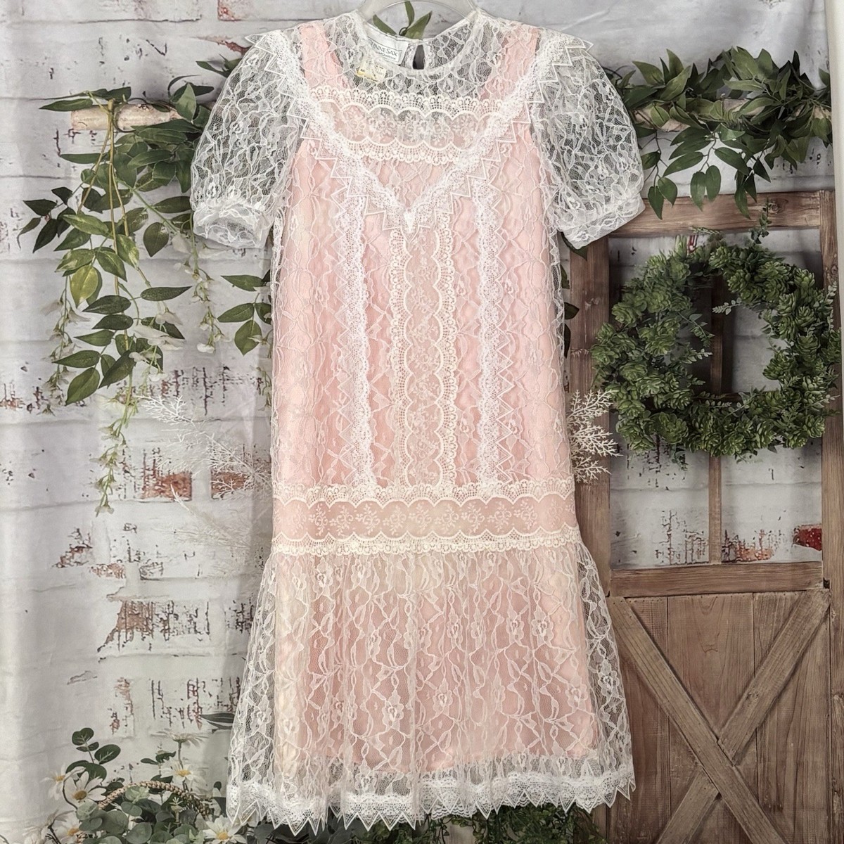 Vintage 80s Gunne Sax Jessica McClintock Lace Prairie Dress Girls 14