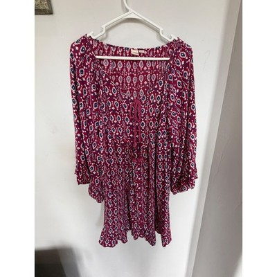 Roxy Womens XL Magenta Pink Geometric Floral Tassel Tie V-Neck Tunic Mini Dress