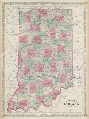 Johnsons Indiana. US State Karte zeigt Grafschaften 1865 alte antike Karte