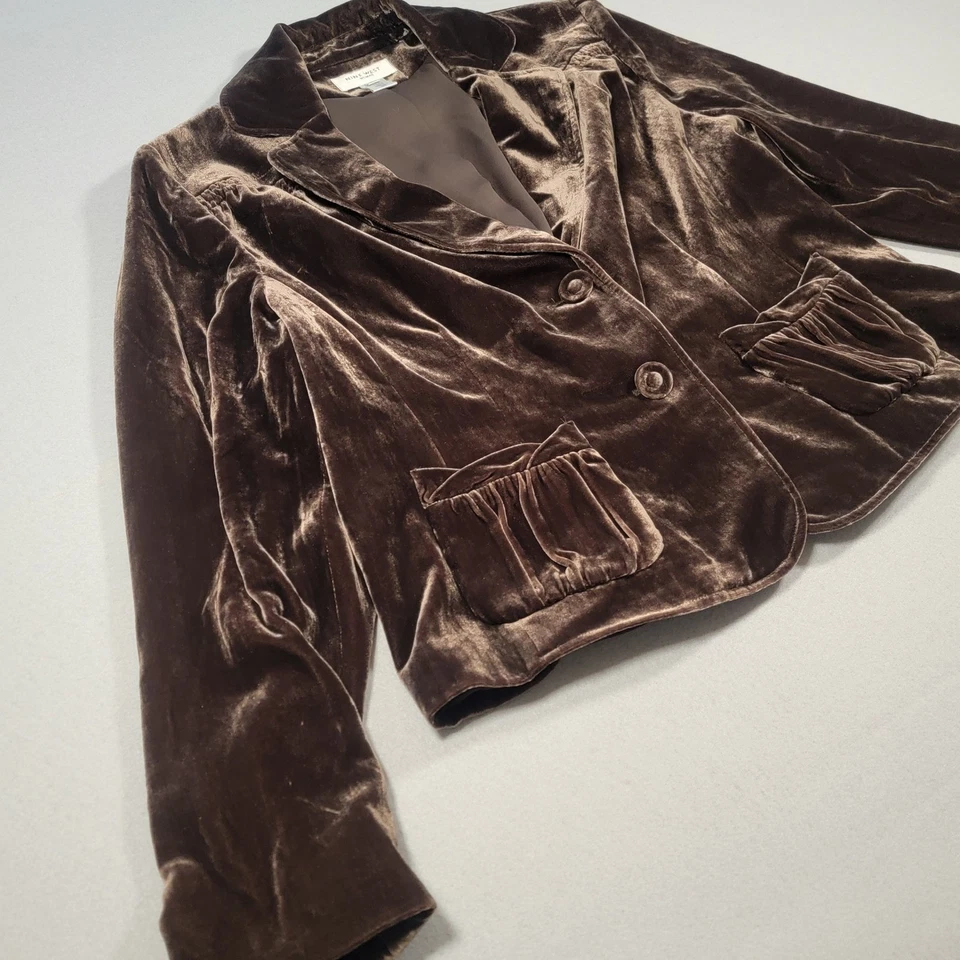 Nine West Woman Velvet Blazer Size 14 W Brown Silk Blend Button Front Ruched - Image 3 of 4