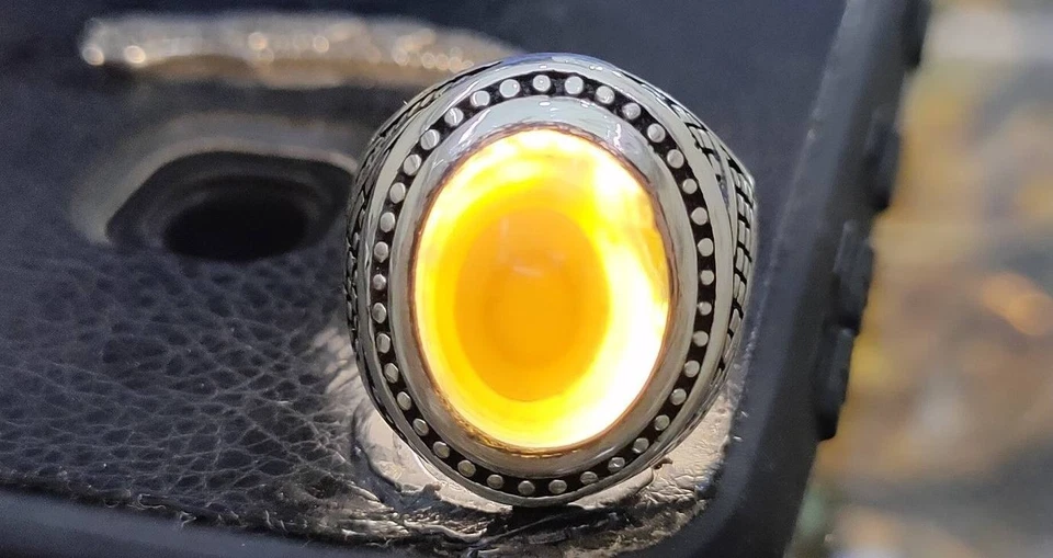 Anel de prata esterlina 925 amarelo feito à mão Solimani Aqeeq ágata عقيق سليماني - Imagem 2 de 4