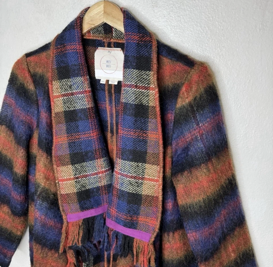 Chaqueta Anthropologie Hei Hei con flecos a cuadros para mujer XS/pequeña mezcla de lana colorida Foto 3 de 4