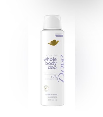 2 Dove Cooling Whole Body Spray Deodorant Coconut & Vanilla Aluminum-Free 1.1 Oz