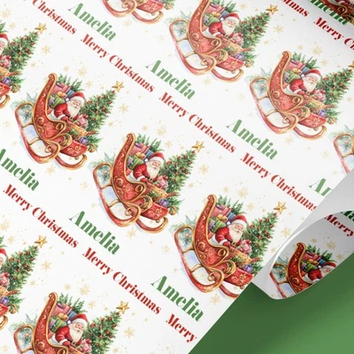 GIFT WRAP 4U Personalised Santa Sleigh Christmas Wrapping Paper Any Name Occasion 1-8m