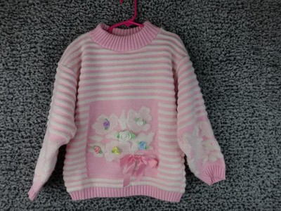 Vintage Adele Knitwear Girls Pink White Striped Sweater Floral Applique Ribbon