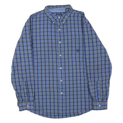 CHAPS Herren Blau Grün Kariertes Hemd L Button-Down Kragen, Lange Arm Baumwolle