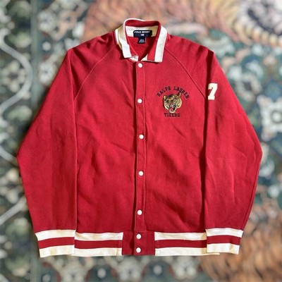 Vintage 90s Polo Sport RL Tigers Varsity Jacket Embroidered Red Large Preppy