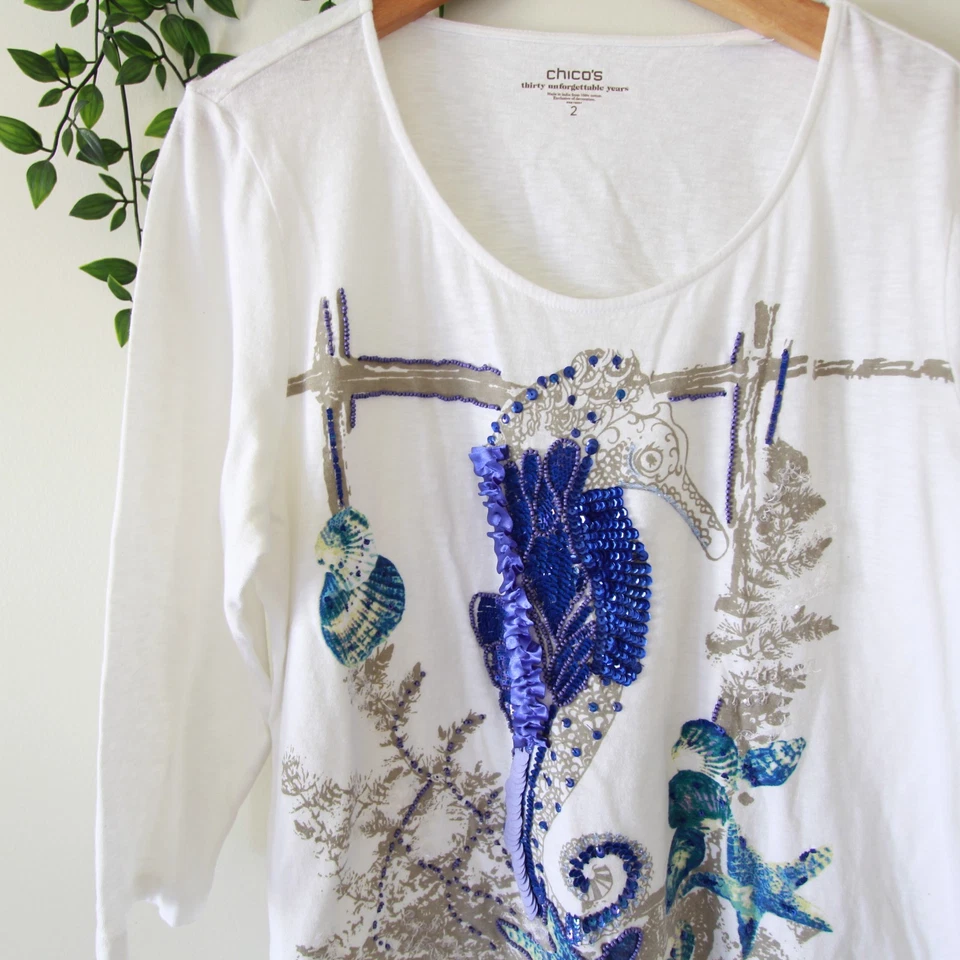 Топ Chico's белый и синий с бисером блестки морской конек рукав 3/4 хлопок размер 2 - Изображение 2 из 4