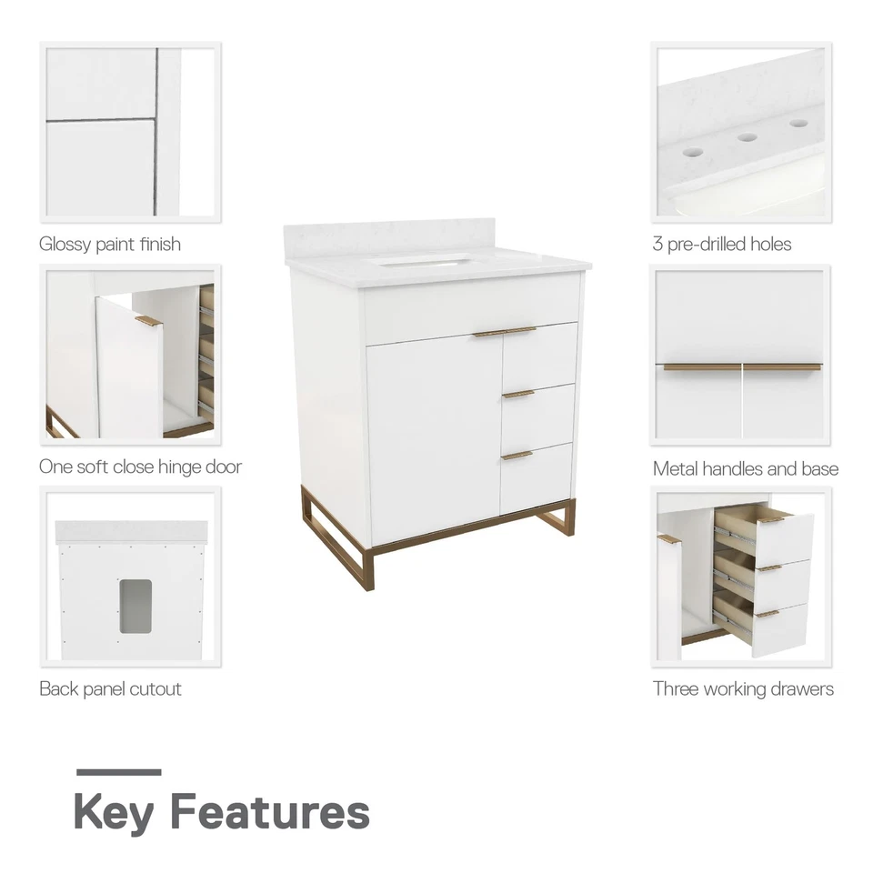 "Tocador de baño CosmoLiving Leona 30"" blanco con metal dorado" Foto 4 de 4