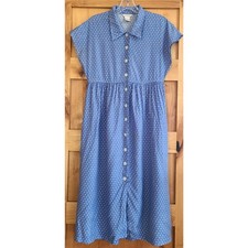Vintage Ellen Ashley Blue Polka Dot Midi Shirt Dress Pockets 4P 100% Rayon SMALL