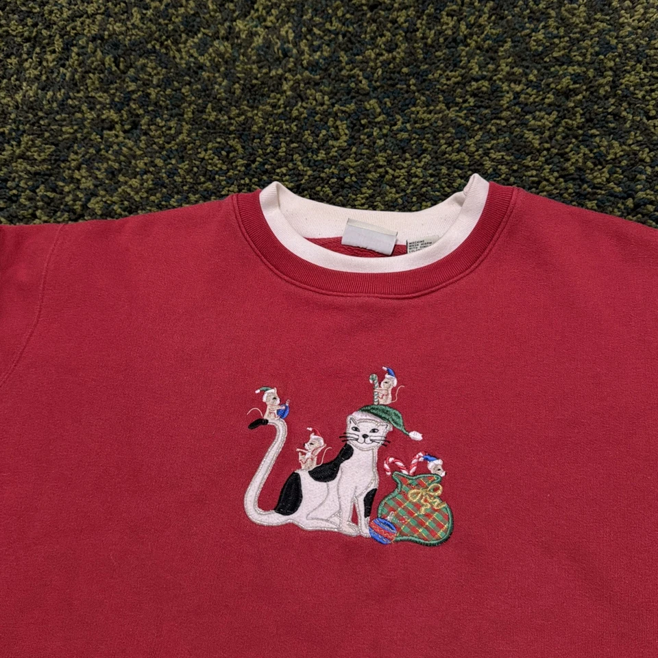 Винтажный вышитый кот Рождество Crewneck графический пуловер женщин размер 20/22 - Изображение 2 из 4