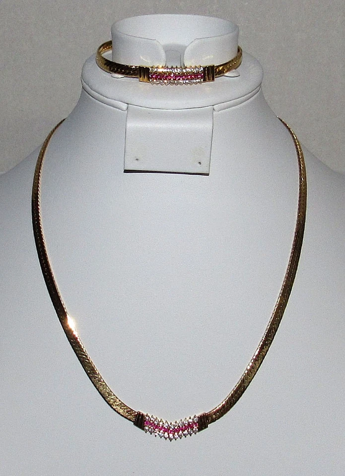 Juego de pendientes collar pulsera V circonita cúbica rubí vintage espiga Foto 2 de 4