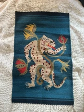 Hand Loomed Wool Rug Oaxaca Mexico Unique Colorful Tapestry Approx 24”x39”