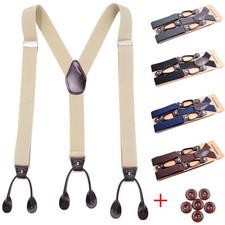 Classic Button End Suspenders Leather Trim Y Back Adjustable Party Pants Braces