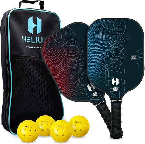 Helium Pro Carbon Fiber Pickleball-Paddel Set (4 Stück) – USAPA Zertifiziert, Leichter Wabenkern & High-Spin Oberfläche | Inkl. 6 Bällen & Tragetasche