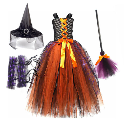 Kids Girls Halloween Fairytale Witch Fancy Costume Outfits Princess Dress + Hat