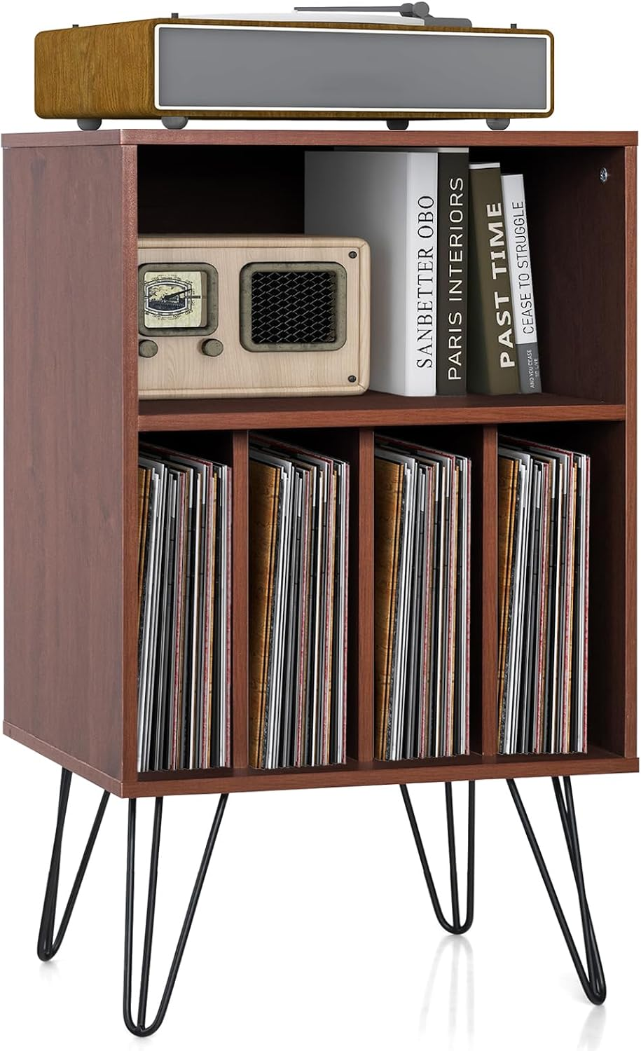 Mid-century modern vinyl record player stand holds up to 150 LPs with storage-image