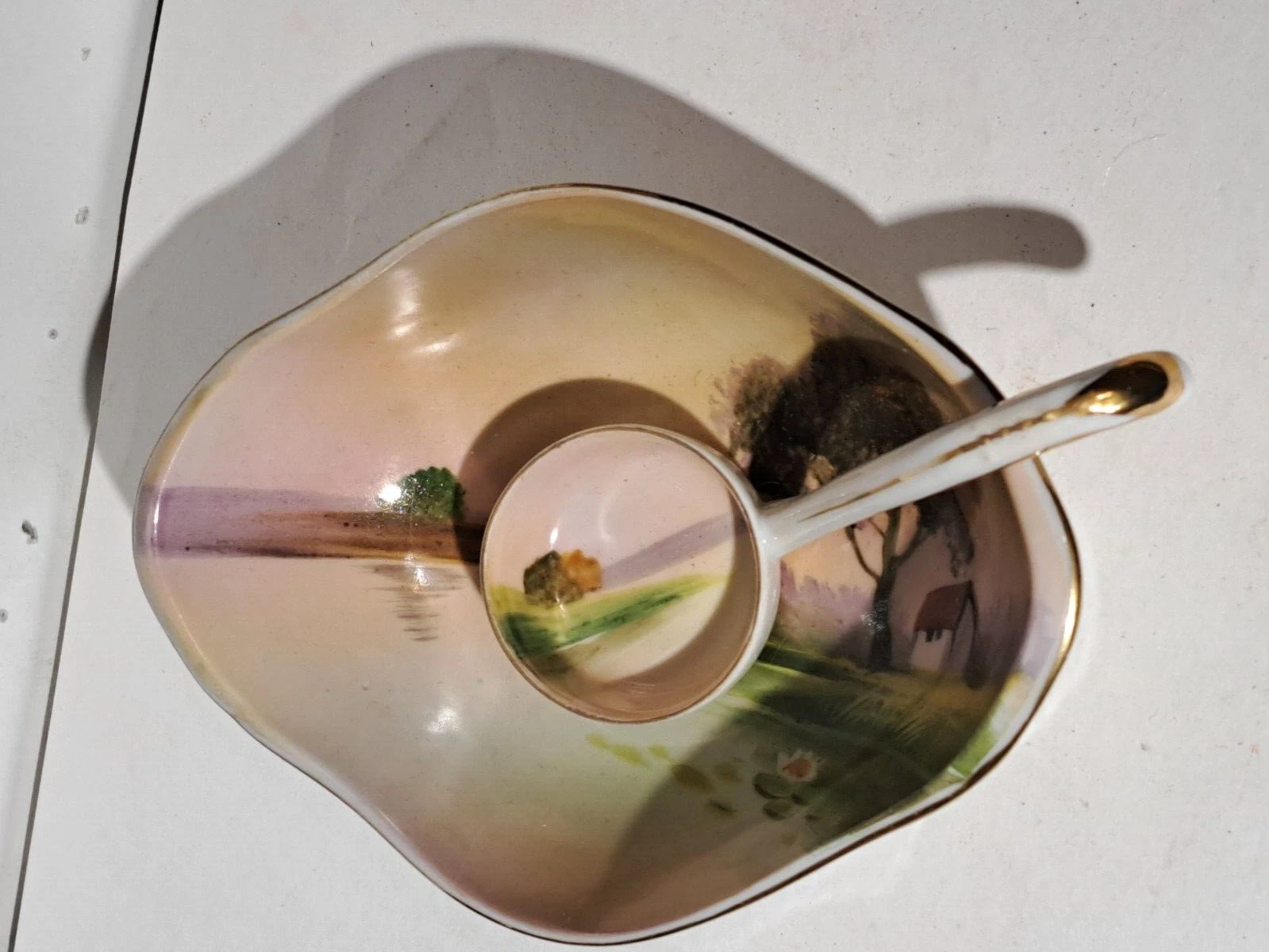 VINTAGE HAND PAINTED NIPPON 6" SAUCE BOWL & LADLE LANDSCAPE SCENE