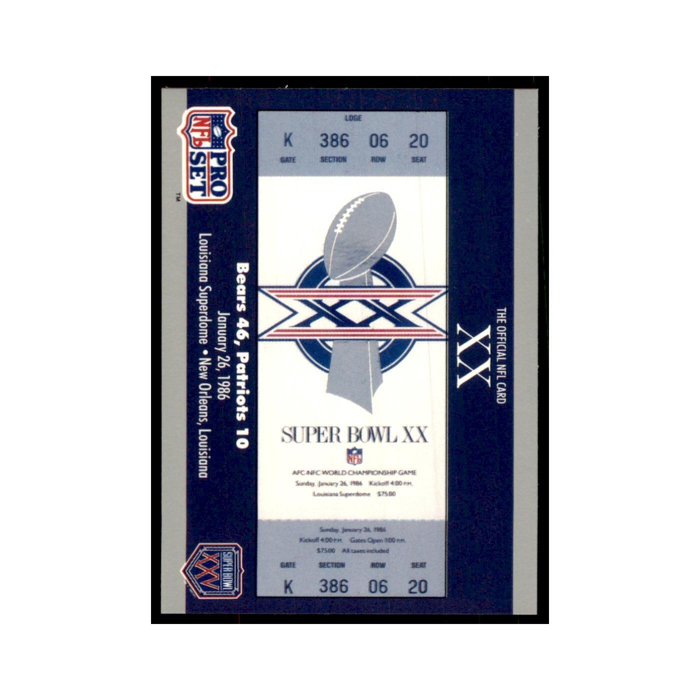 1990 Pro Set Silver Anniversary Super Bowl XX Commemorative Ticket Card #20